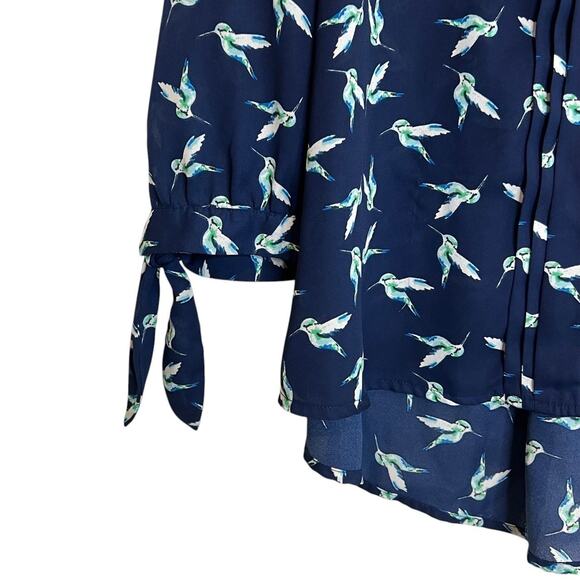 41 Hawthorn Womens Blouse XXL Navy Blue Hummingbird Print Tie Sleeve - Picture 3 of 7